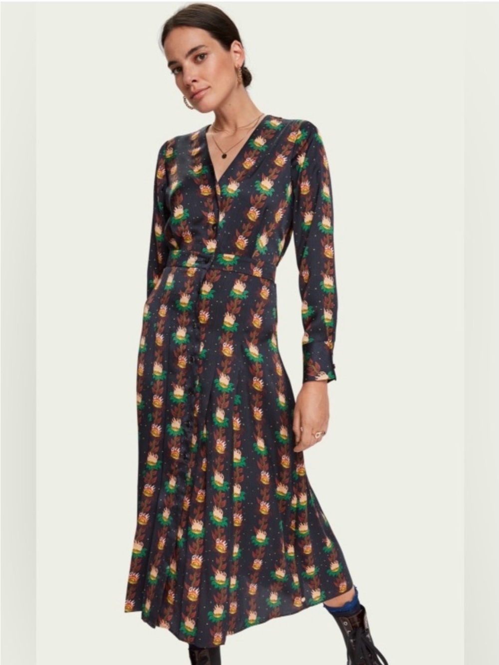 Scotch & Soda Black Floral-Print Midi Dress